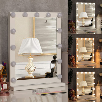 Hollywood Style Lighted Rectangular Makeup Mirror with Base