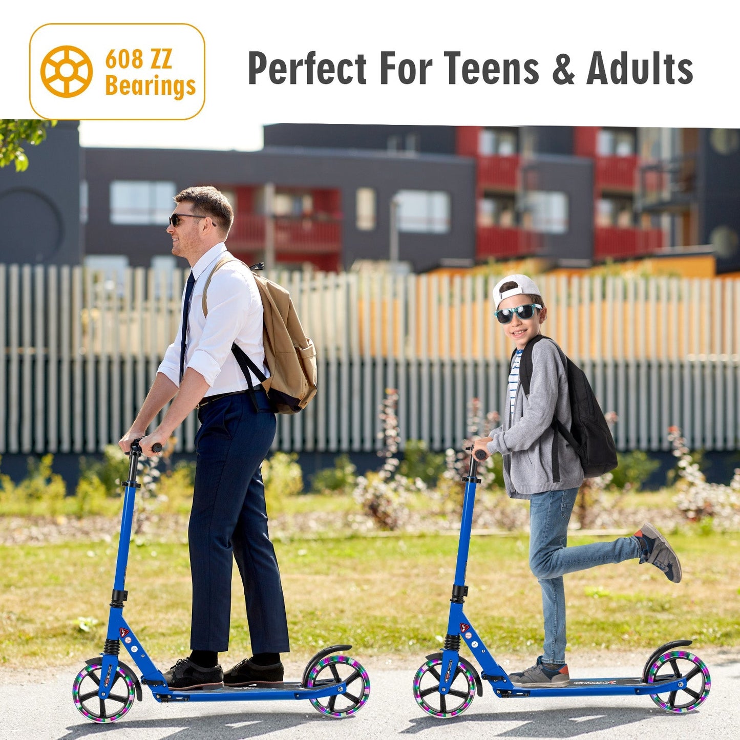 Folding Kick Scooter with Large Wheels for Age 8+ Kids Teens Adults-Blue