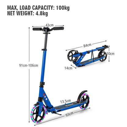 Folding Kick Scooter with Large Wheels for Age 8+ Kids Teens Adults-Blue