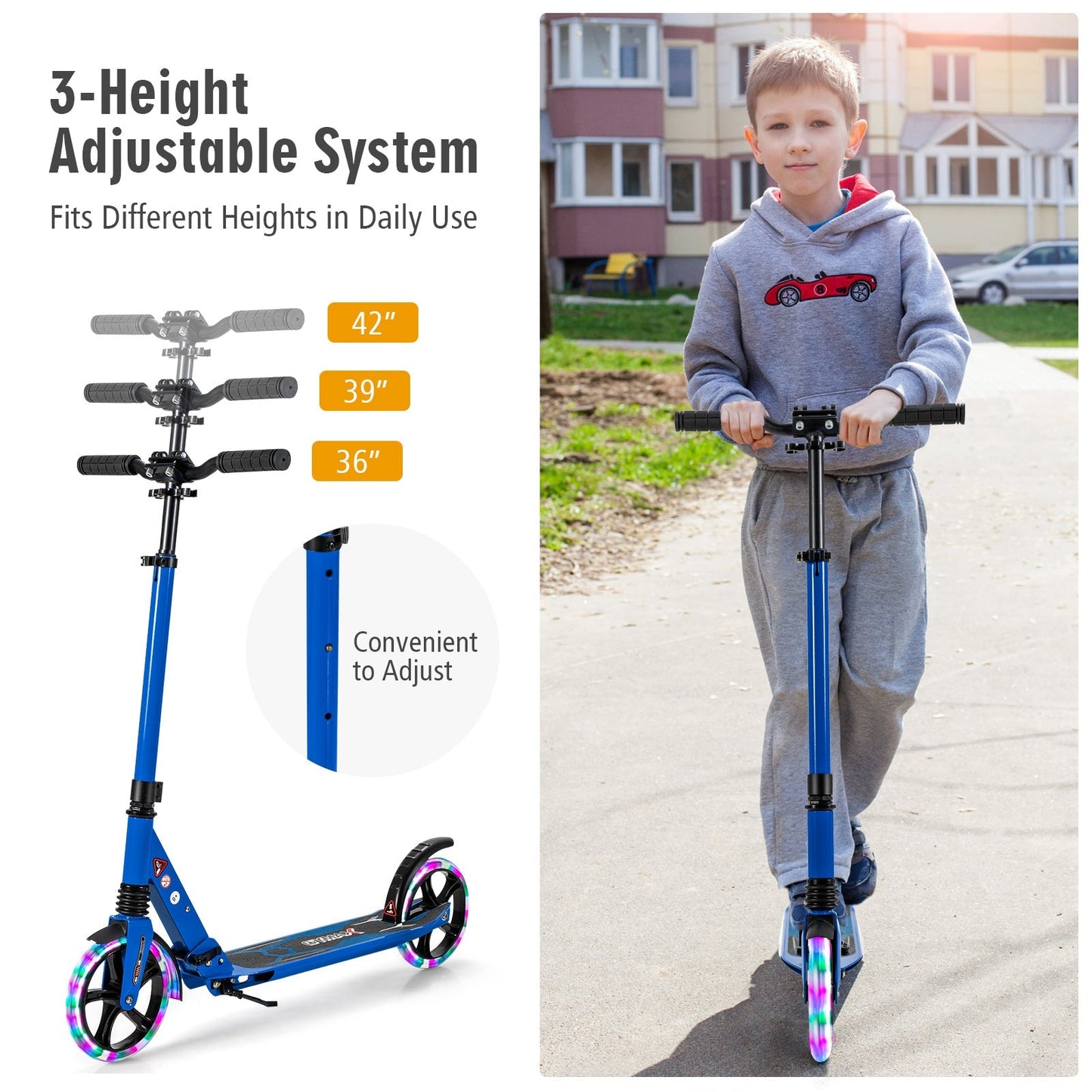 Folding Kick Scooter with Large Wheels for Age 8+ Kids Teens Adults-Blue