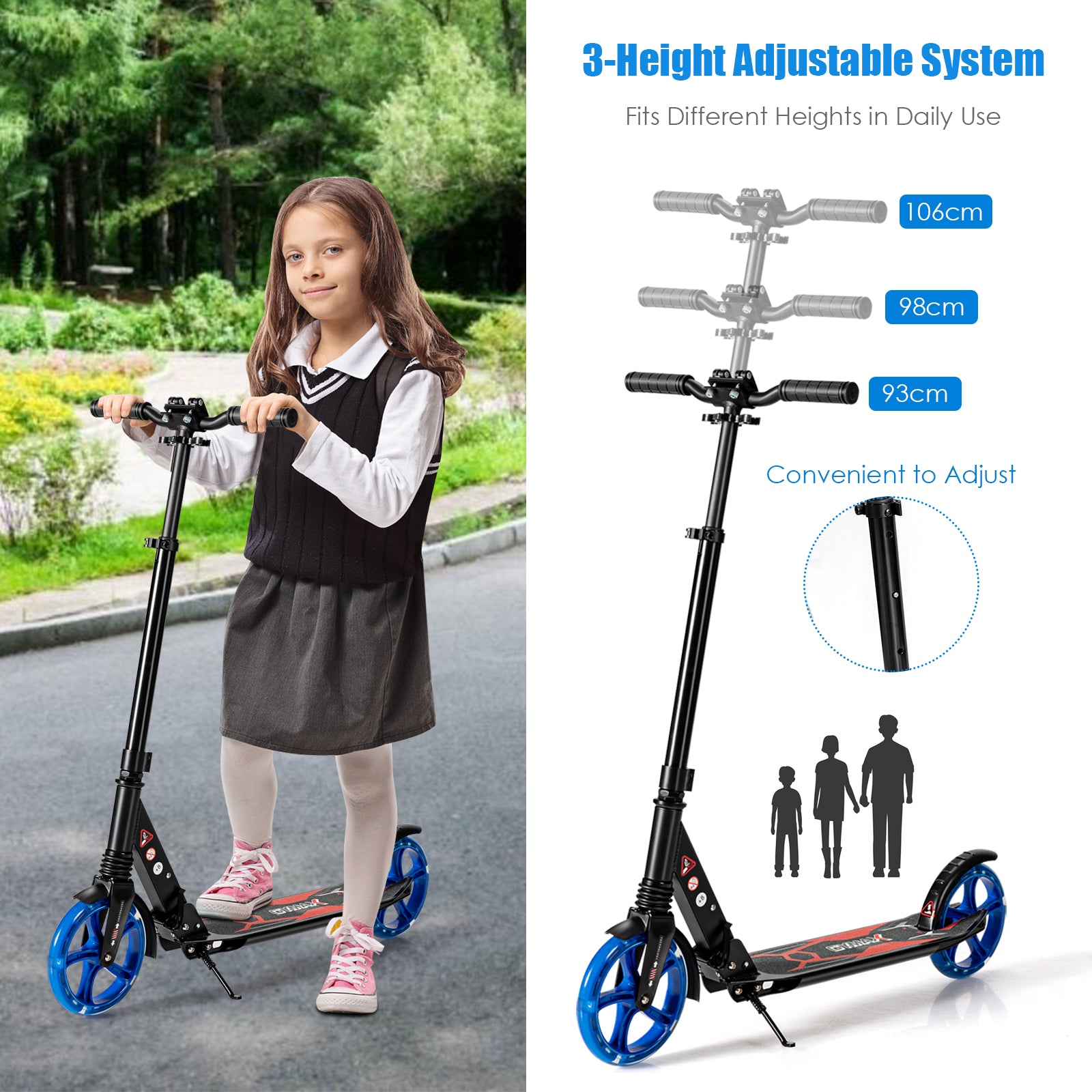 Folding Kick Scooter with Large Wheels for Age 8+ Kids Teens Adults-Black