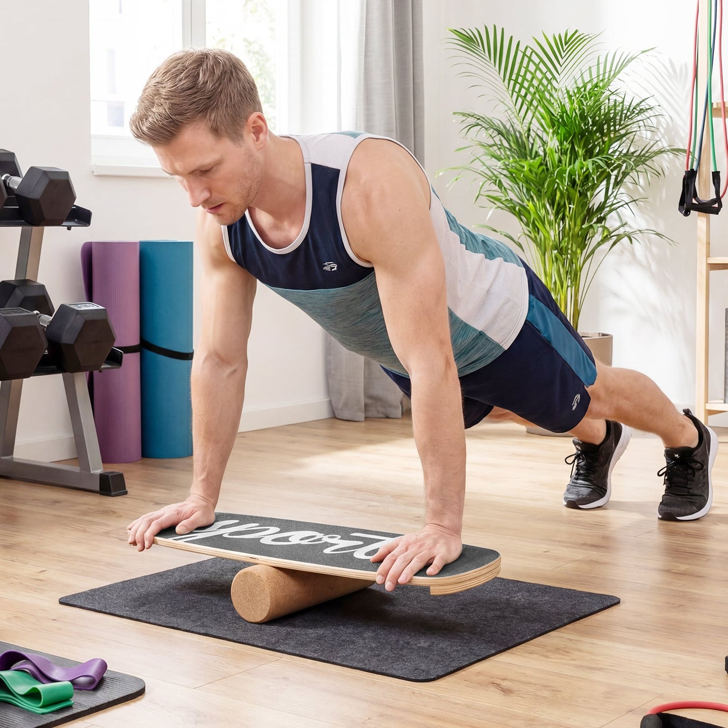 Wooden Balance Board Trainer with Cork Roller Stoppers Felt Mat-Black