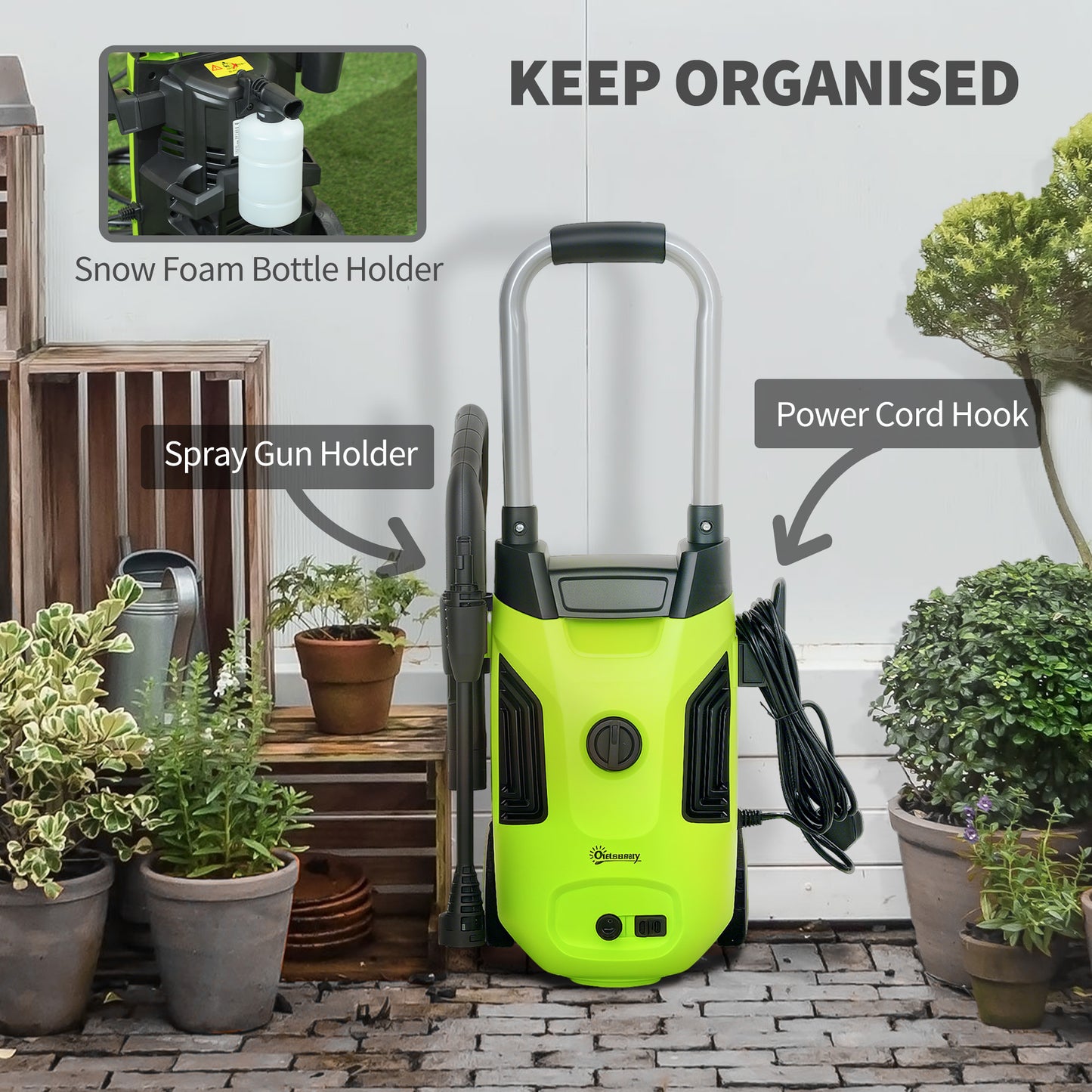 Outsunny 1800W High√Ç Pressure√Ç Washer, 150 Bar Pressure, 420 L/h Flow, Portable Electric Power Washer Jet Wash Cleaner with Adjustable Nozzle, 6M Hose, Steel Handle for Home Patio Car Driveway, Green
