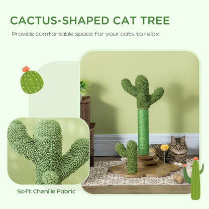 PawHut 60cm Cactus-shaped Cat Tree, Kitty Activity Center with Turntable Interactive Ball Toys, Chenille Cat Tower, Green