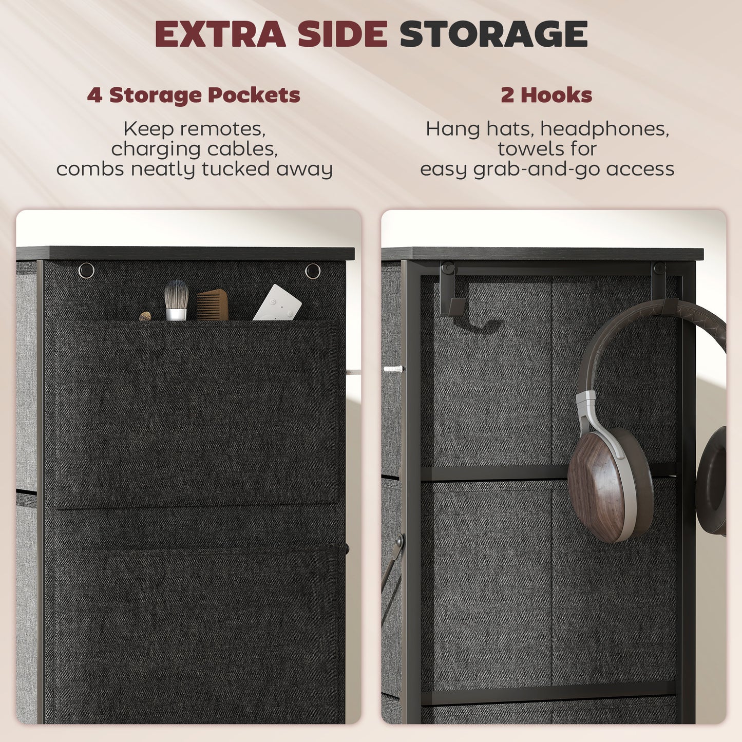 HOMCOM Chest of Drawers, Dresser with 5 Fabric Drawers, Tall Storage Unit with 4 Pockets and 2 Hooks Steel Frame, Charcoal Grey