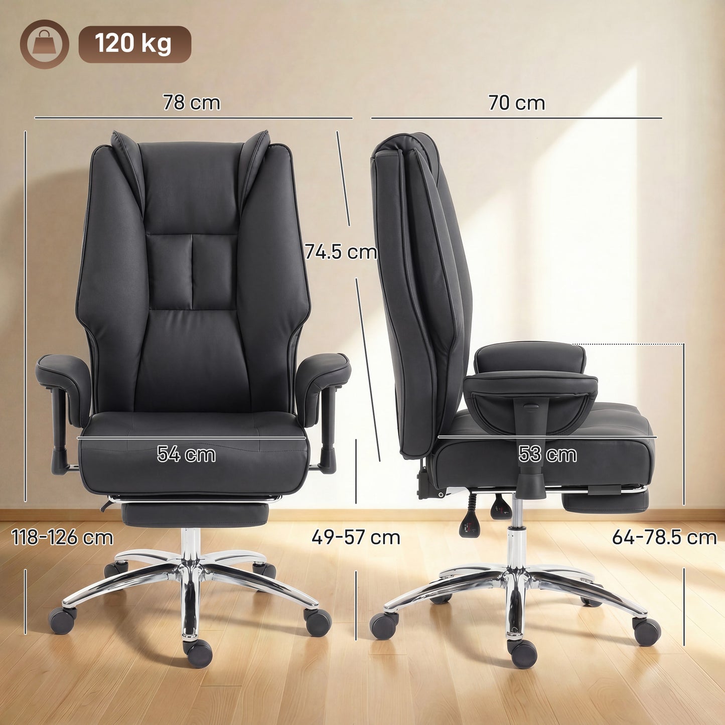 HOMCOM Executive Office Chair, Reclining Desk Chair with Footrest, Adjustable Armrests, Pet Friendly Faux Leather, Black