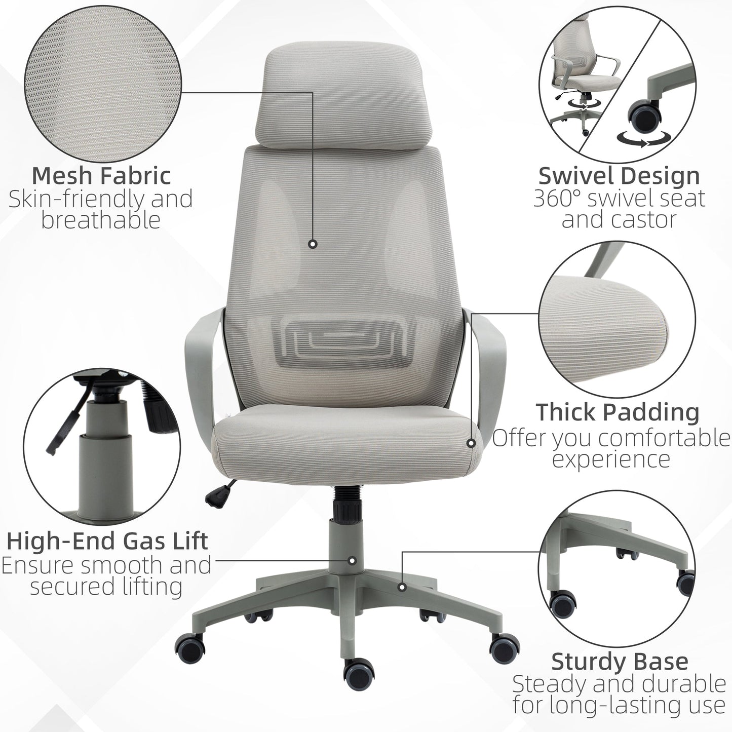 Vinsetto Ergonomic Office Chair w/ Wheel, High Mesh Back, Adjustable Height Home Office Chair - Grey