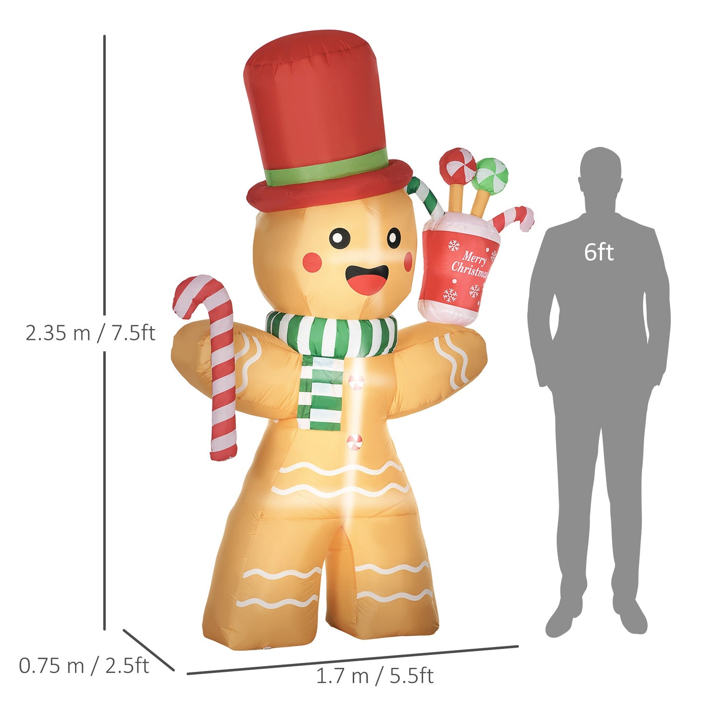 HOMCOM 7.5ft Christmas Inflatable Gingerbread Man with Candy Cane and LED Lights, Blow-Up Outdoor LED Garden Display for Lawn, Party