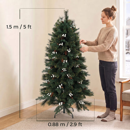 HOMCOM 5ft Artificial Christmas Tree, Fir Hinged Xmas Tree with 490 Branch Tips, Foldable Metal Stand, Easy Assembly, Green