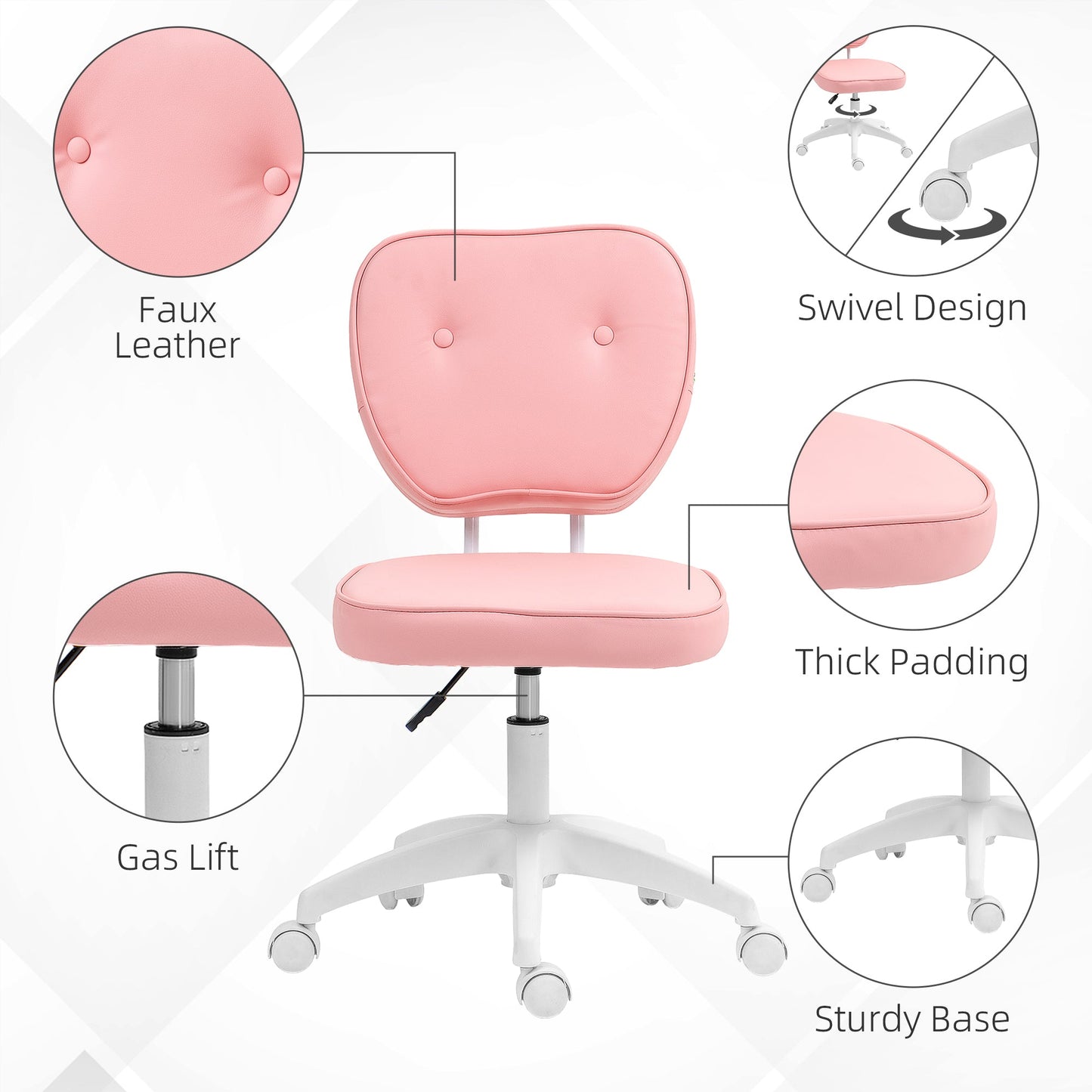 Vinsetto Vanity Office Chair, PU Leather Computer Chair for Home, with Adjustable Height, Armless, Swivel Wheels, Pink