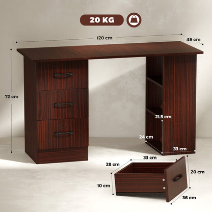 HOMCOM Computer Desk, Writing Table, PC Workstation with 3 Storage Shelves and Drawers, Black Handle, for Home Office, Walnut Brown