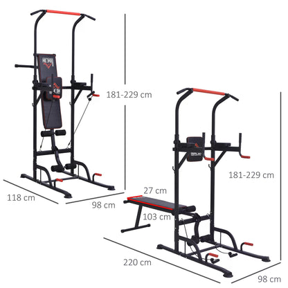 HOMCOM Multifunction Power Tower Home Workout Dip Station w/ Sit-up Bench Push-up Bars and Tension Ropes Fitness Equipment Office Gym Training