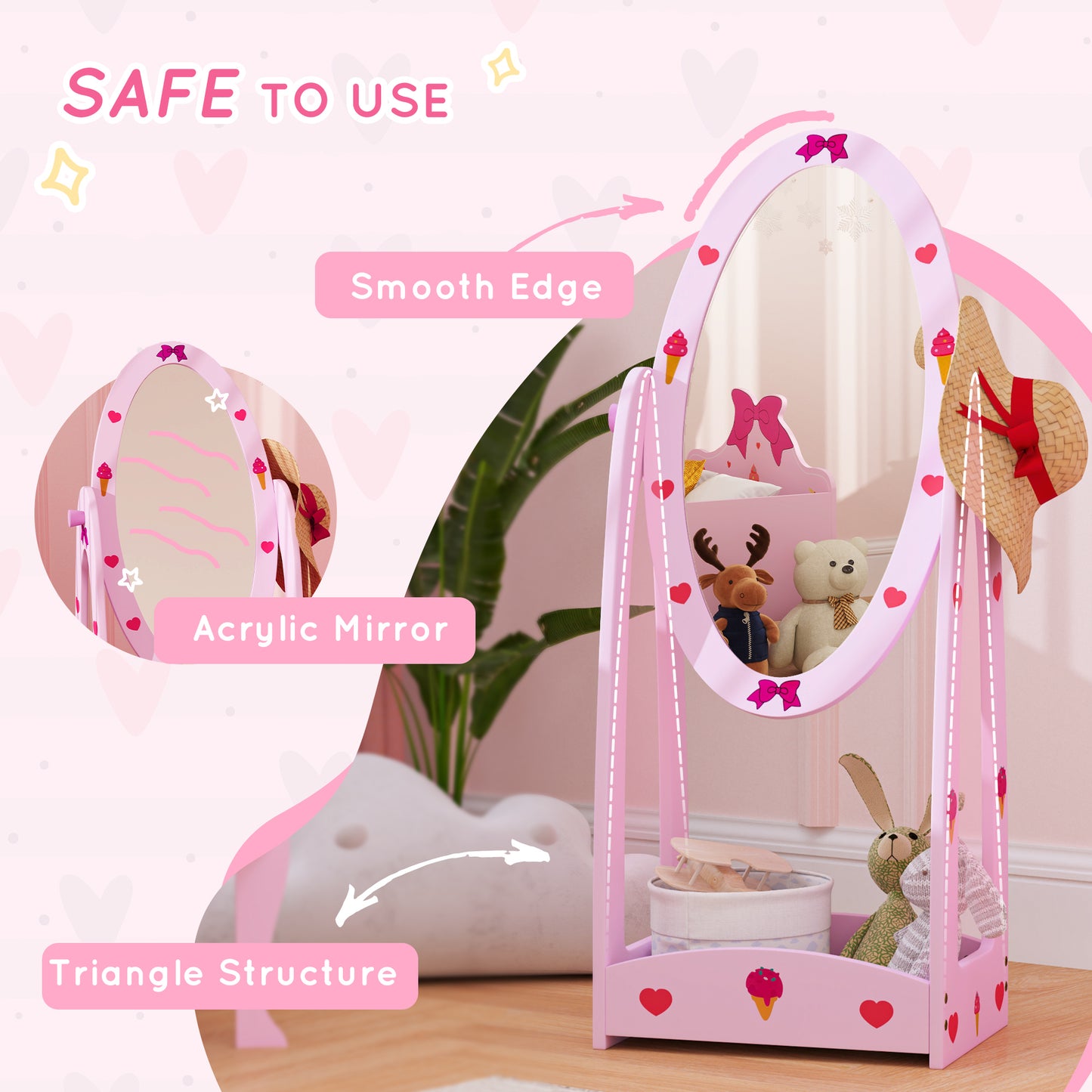 AIYAPLAY Kids Full Length Mirror, 360√Ç¬∞ Rotating Children Standing Mirror with Storage Shelf, Hot Pink