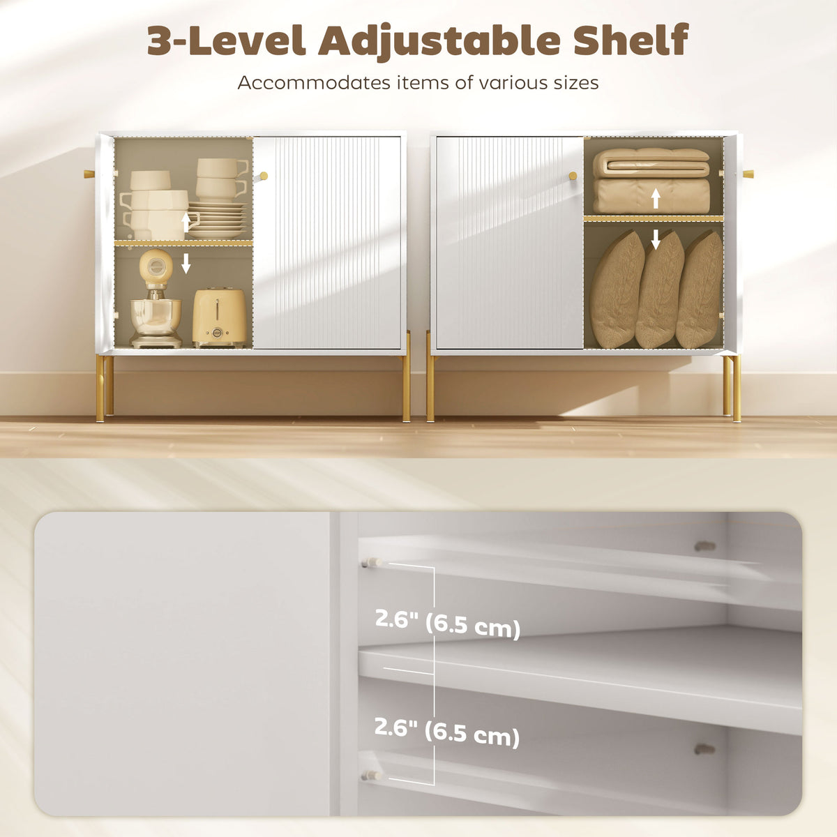 HOMCOM Modern Sideboard Cabinet with Fluted Doors, Kitchen Storage Cabinet with Adjustable Shelf and Steel Legs, White