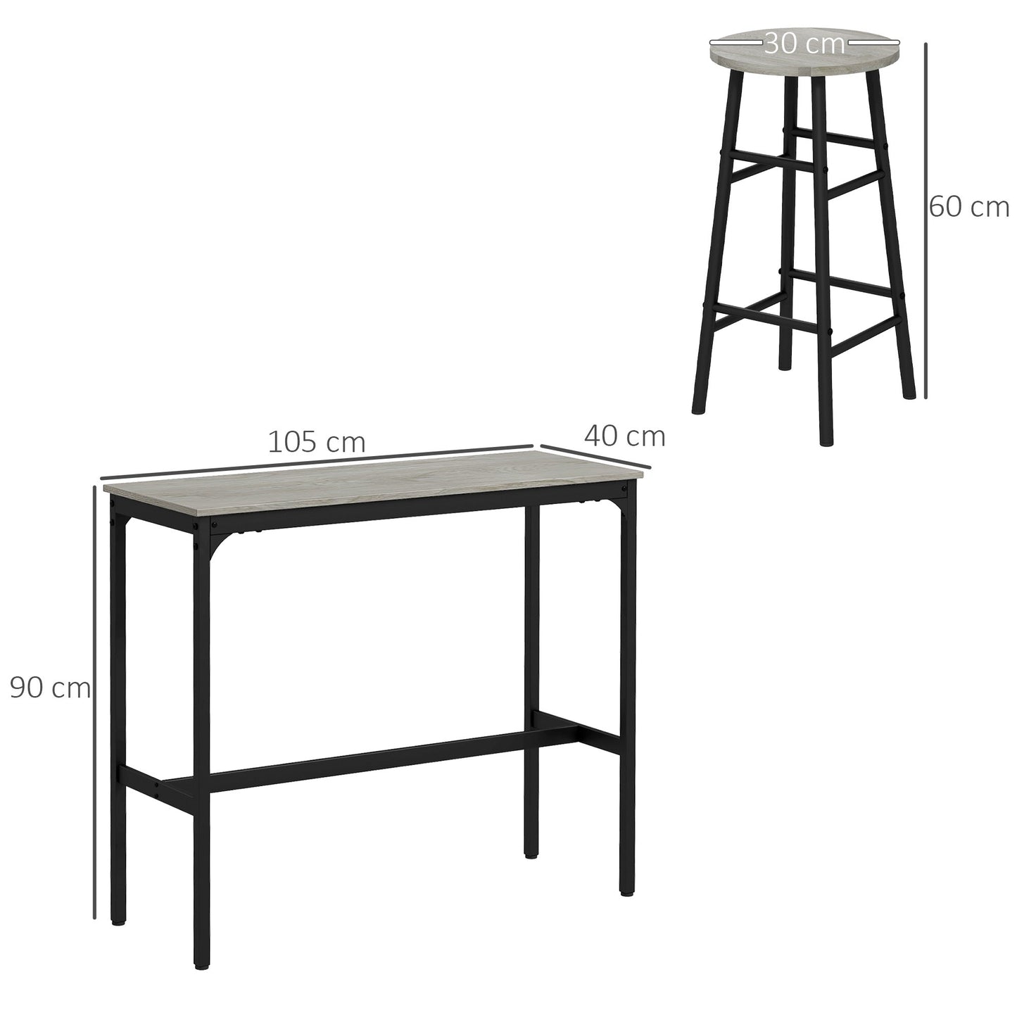 3 Piece Bar Table Set with 2 Stools, Industrial Bar Table and Stool Set, Dining Table and Chair Set for Small Space, Grey