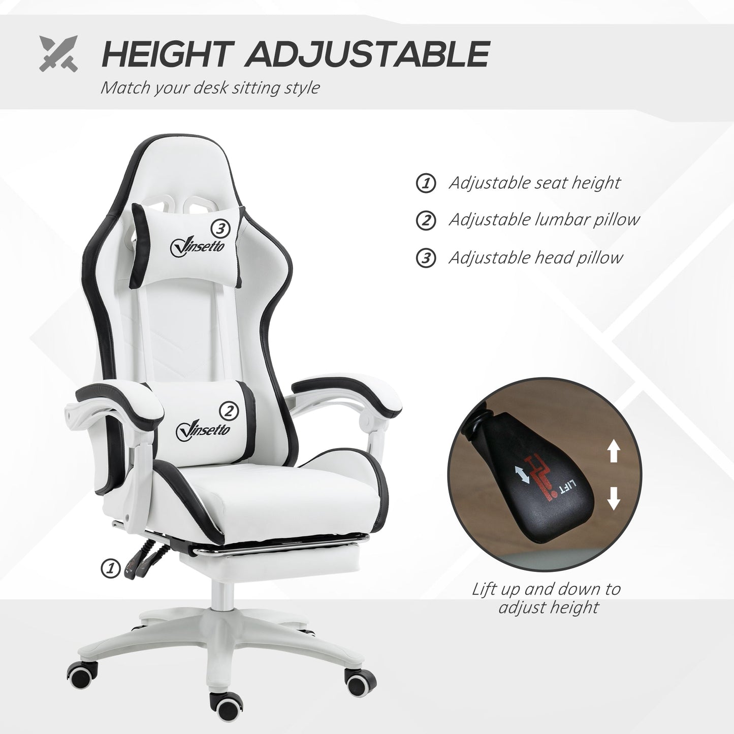 Vinsetto Computer Gaming Chair, PU Leather Office Desk Chair with Footrest, Swivel Wheels, 135 Reclining Back, Lumbar Support, Headrest for Home, White and Black
