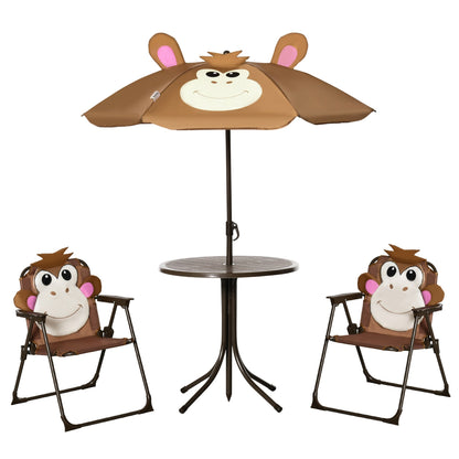 Outsunny Kids Bistro Table and Chair Set, Outdoor Folding Garden Furniture w/Monkey Design, Removable, Adjustable Sun Umbrella, Ages 3-6 Years - Brown