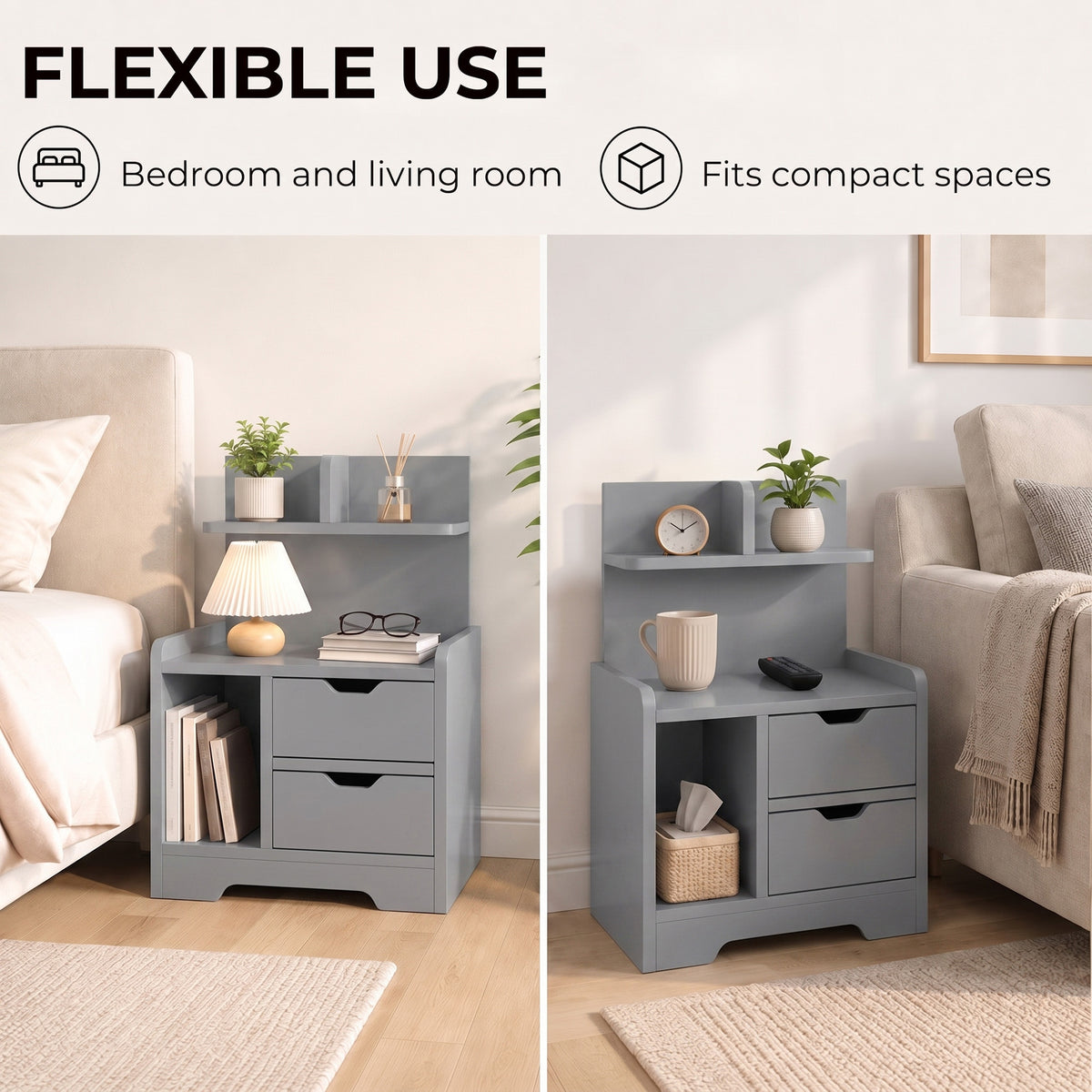 HOMCOM Bedside Table, Small Bedside Cabinet with 2 Drawers and Storage Shelves, Modern Nightstand for Bedroom, Grey