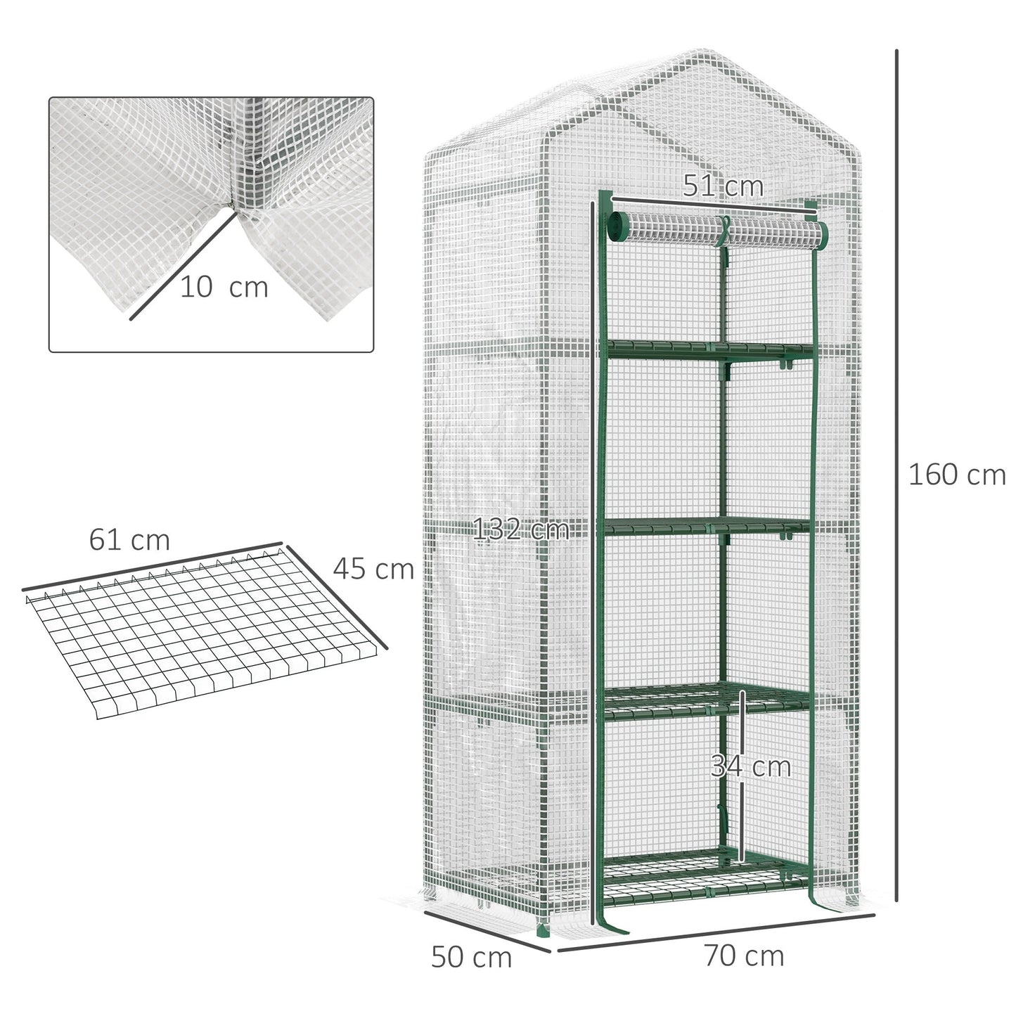 Outsunny 4 Tier Mini Szklarnia, przenośna kompaktowa szklarnia ze stalową ramą, osłona PE, drzwi rolowane, 70 x 50 x 160 cm, biała
