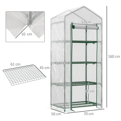 Outsunny 4 Tier Mini Szklarnia, przenośna kompaktowa szklarnia ze stalową ramą, osłona PE, drzwi rolowane, 70 x 50 x 160 cm, biała