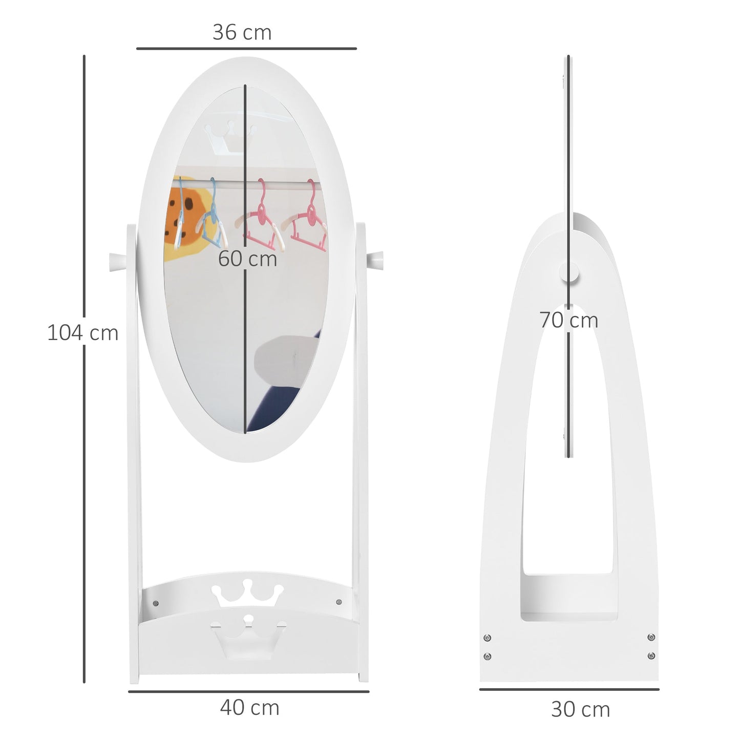 HOMCOM Free Standing Full Length Mirror, Child's Dressing Mirror with storage shelf, Children's White Bedroom Furniture 360¡ Rotation MDF, For 3- 8 Years Old, 40L x 30W x 104H cm
