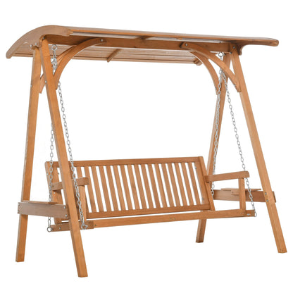 Outsunny 3-Seater Larch Wood Garden Swing Chair Bench Hammock Lounger with Wooden Canopy, Teak