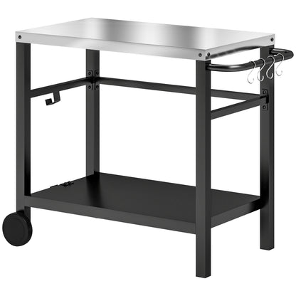 Outsunny Outdoor Grill Dining Cart 2-Shelf Movable Pizza Oven Table Stand z blatem ze stali nierdzewnej, przenośny wózek do grilla Food Prep Outdoor Kitchen BBQ Station z haczykami, kółkami i uchwytem, ​​antracytowy