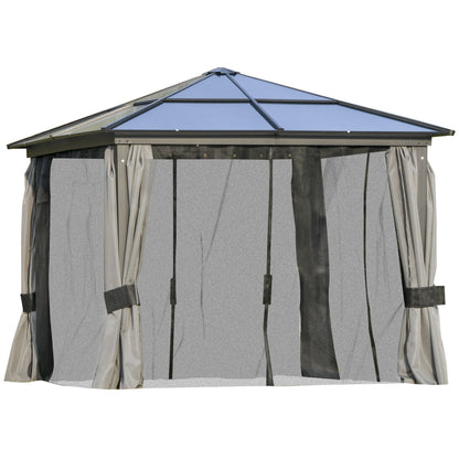 Outsunny 3 x 3(m) Hardtop Gazebo with UV Resistant Polycarbonate Roof & Aluminium Frame, Garden Pavilion with Mosquito Netting and Curtains