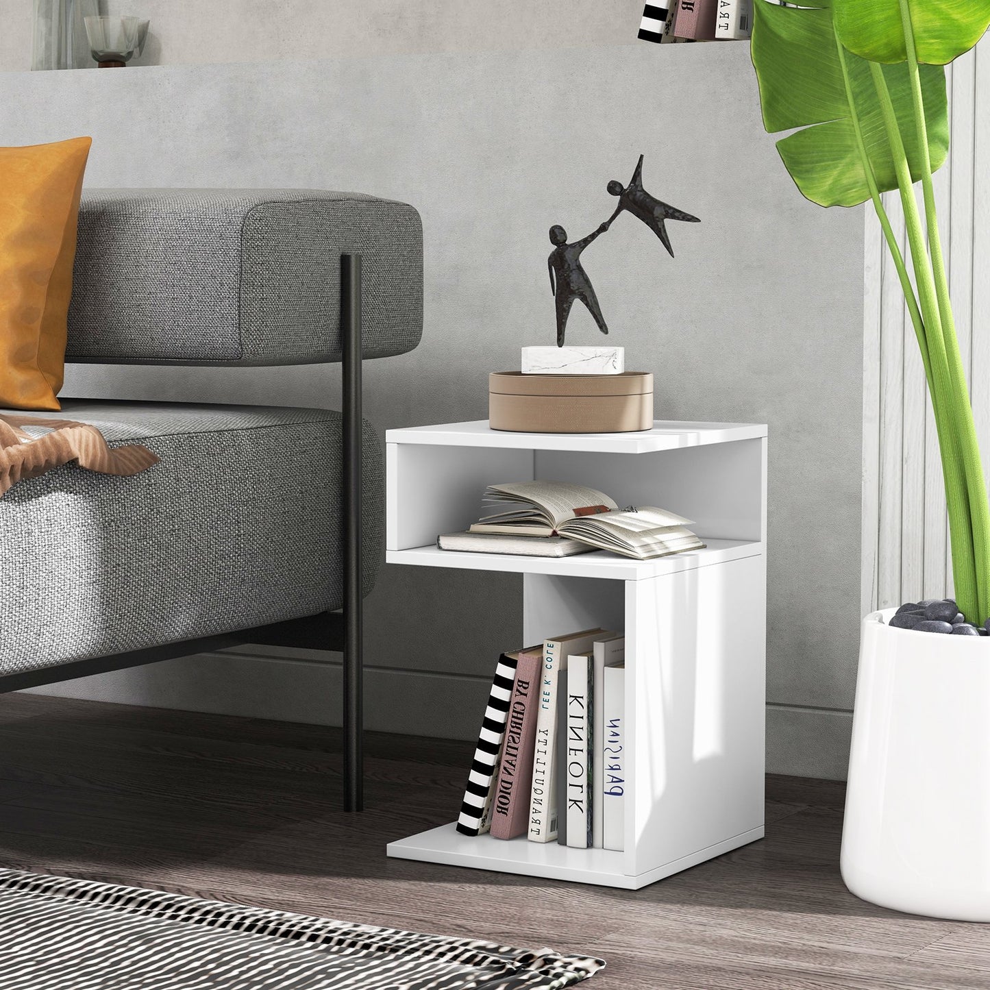 S-Shaped Side Table with 2 Open Compartments for Small Space-White