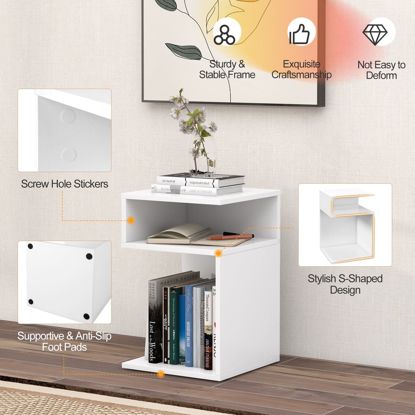 S-Shaped Side Table with 2 Open Compartments for Small Space-White