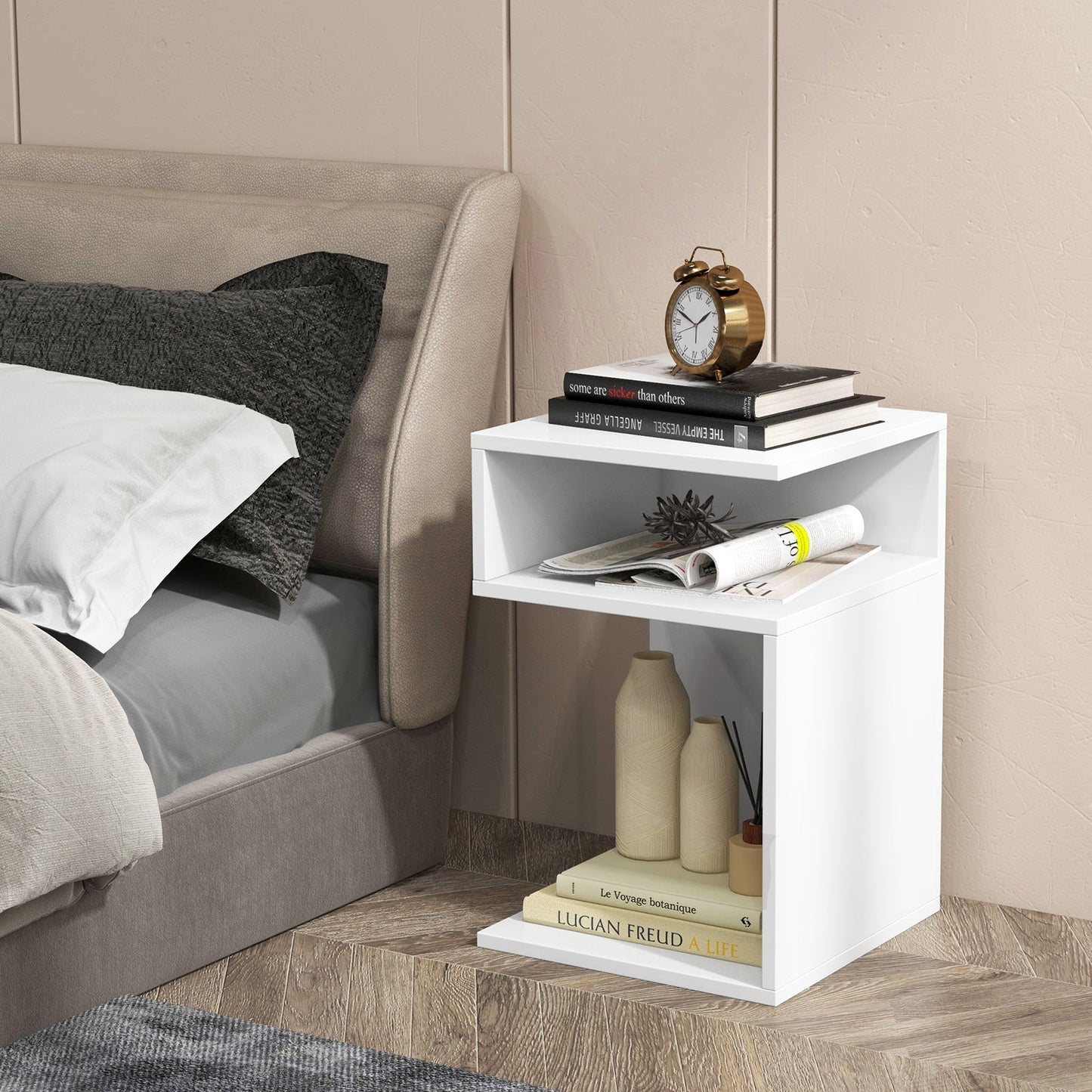 S-Shaped Side Table with 2 Open Compartments for Small Space-White