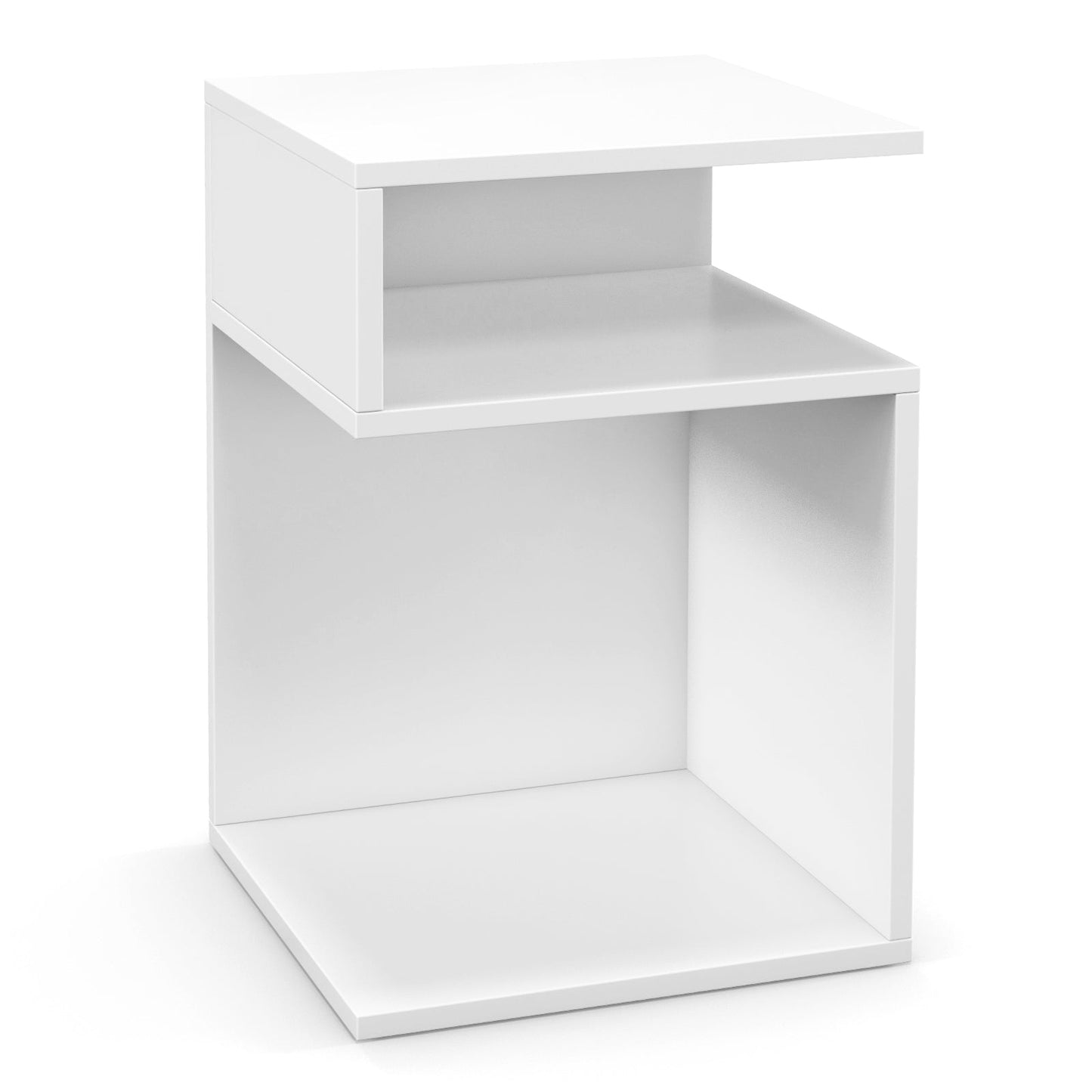 S-Shaped Side Table with 2 Open Compartments for Small Space-White