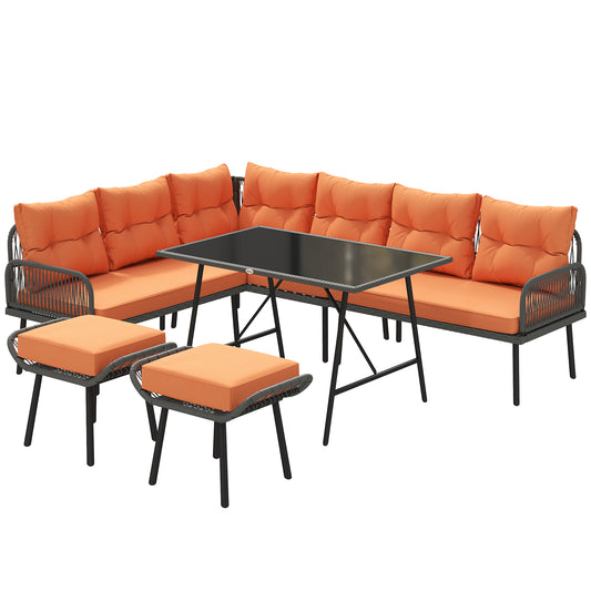 Outsunny 6 Piece Rattan Garden Furniture Set, 8 Seater Garden Corner Sofa with Cushions and Glass Top Table, Orange