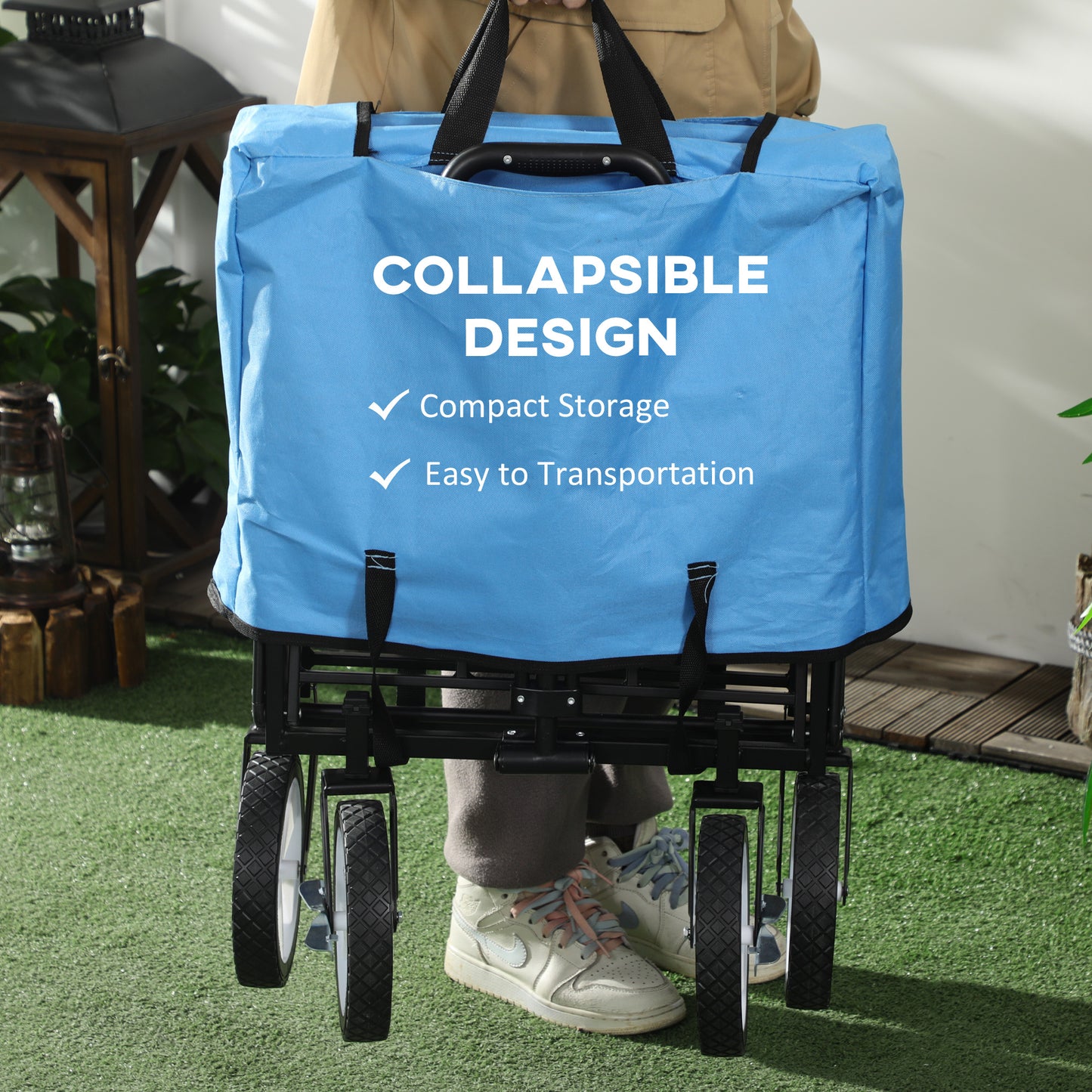 Outsunny 90L Festival Trolley on Wheels, Folding Camping Trolley Cart with Adjustable Handle, Portable for Outdoor, Garden, Shopping, Fishing, Blue
