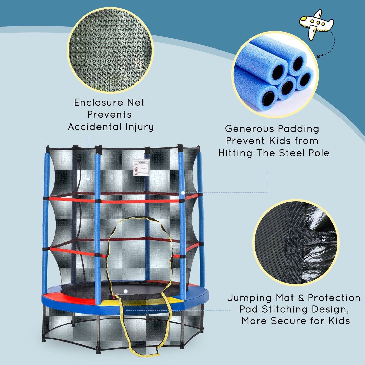 ترامبولين للأطفال 5.2FT/63 بوصة مع إطار فولاذي شبكي داخلي نطاط مستدير للأعمار من 3 إلى 6 سنوات متعدد الألوان