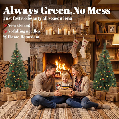 HOMCOM 2 PCs Prelit Christmas Trees with Dual-Colour LEDs, Berry, Pinecones, Battery-Operated, 11 Modes, Pot, Remote, 4ft