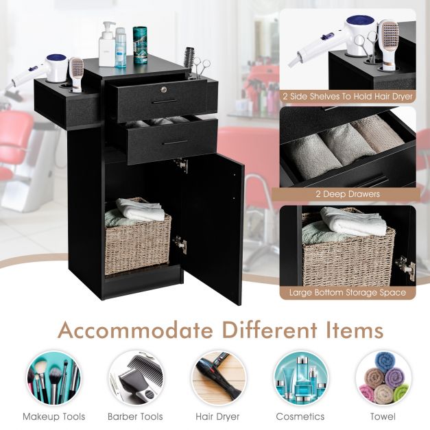 Salon Station Storage Cabinet with 6 Hair Dryer Holders for Hair Stylist-Black