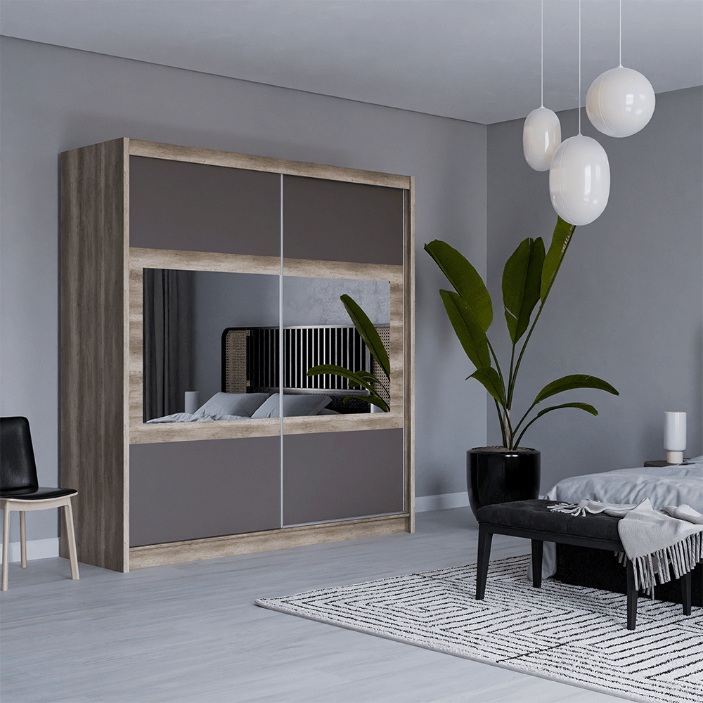 KINGSTON 203cm Sliding Door Wardrobe Oak Canyon + Lava + Mirror