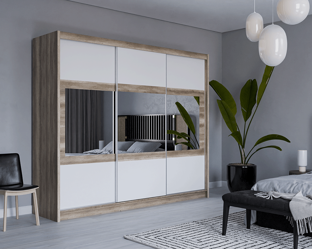 KINGSTON 250cm Sliding Door Wardrobe Oak Canyon + White + Mirror