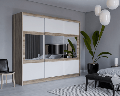 KINGSTON 250cm Sliding Door Wardrobe Oak Canyon + White + Mirror