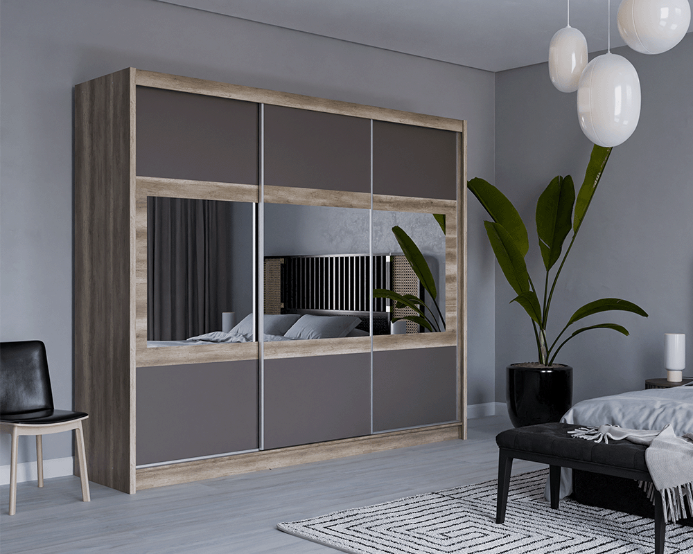 KINGSTON 250cm Sliding Door Wardrobe Oak Canyon + Lava + Mirror