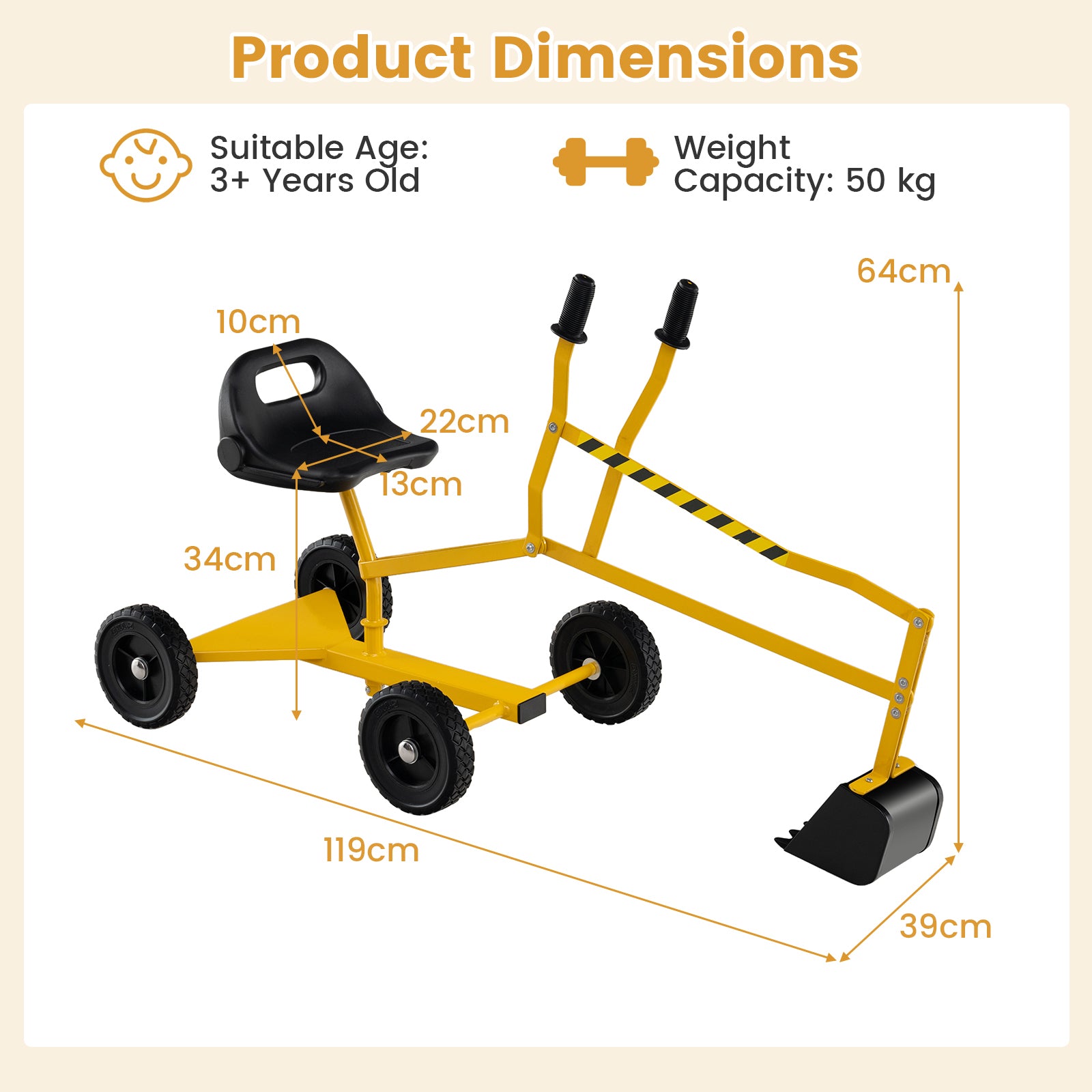 Sandbox Toy Digger with 2-Handed Controls for 3+ Years Old-Yellow