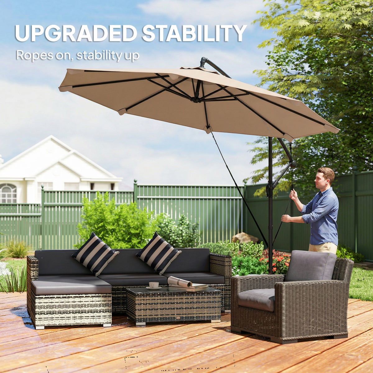 Outsunny 3 m Cantilever Parasol with Protective Cover and Wind Ropes, Banana Parasol with Crank Handle, Khaki