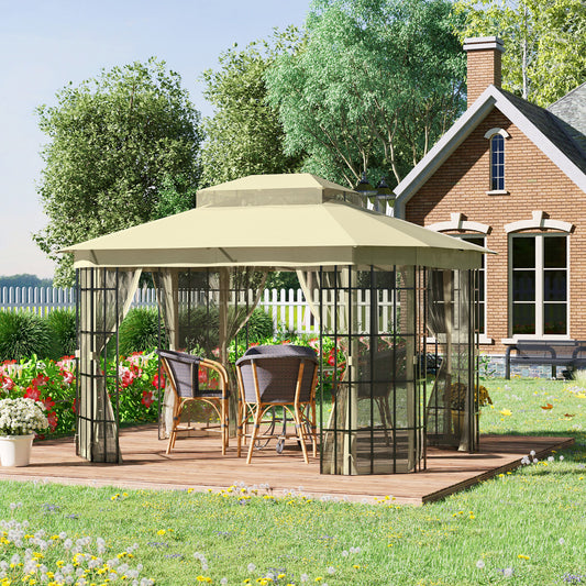 Outsunny 3,7 x 3(m) Patio Altana Baldachim Namiot ogrodowy z 2-poziomowym dachem i moskitierą, metalowa rama, beżowy