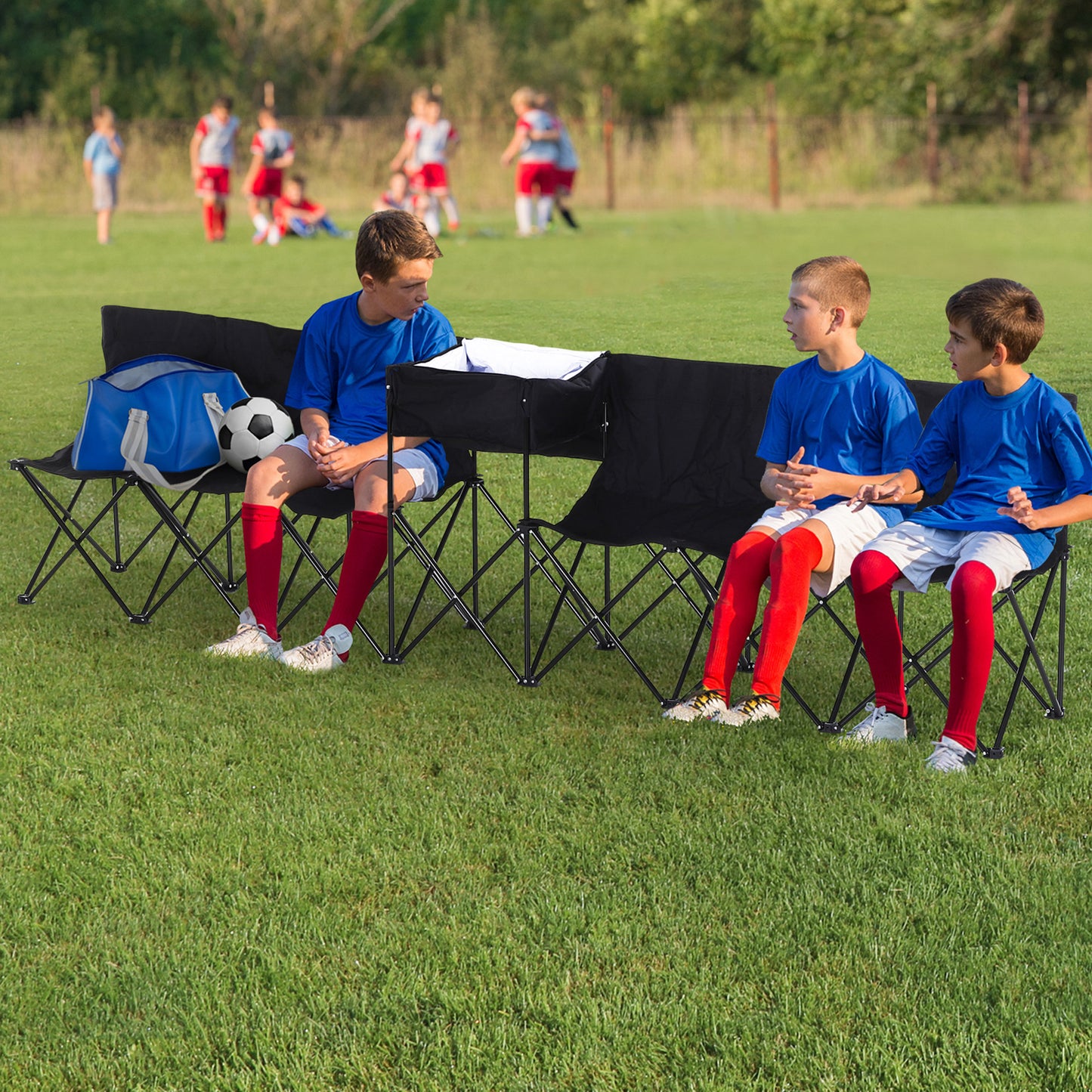 Outsunny 6-osobowa składana ławka sportowa, przenośna ławka sportowa dla kibiców z torbą chłodzącą i torbą transportową na piknik i kemping na świeżym powietrzu - czarna