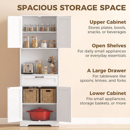 HOMCOM 170 cm Tall Kitchen Pantry with Adjustable Shelves, Freestanding Storage Cabinet with Open Shelf, White Wood Effect