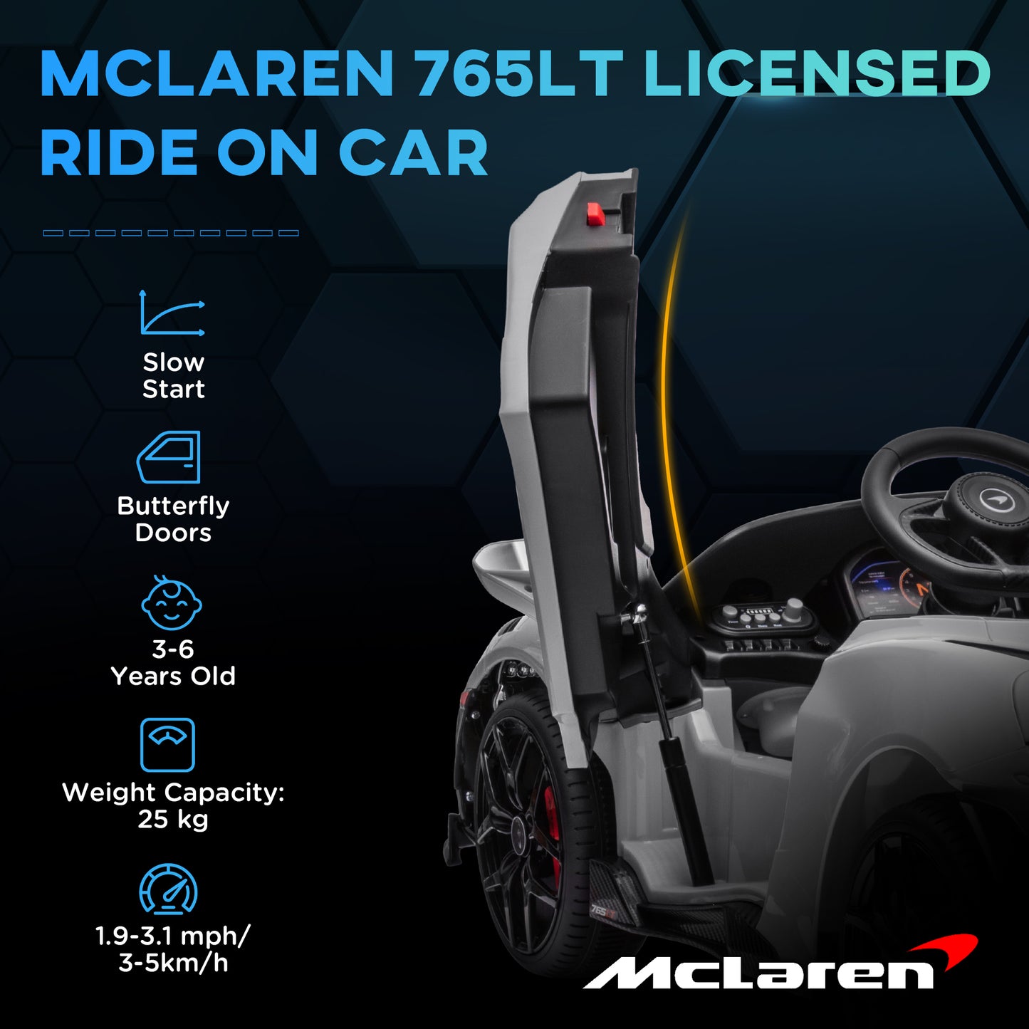 سيارة كهربائية للأطفال مرخصة من AIYAPLAY McLaren 765LT بقوة 12 فولت مع أبواب على شكل فراشة وعجلات نقل تعمل بالتحكم عن بعد باللون الرمادي