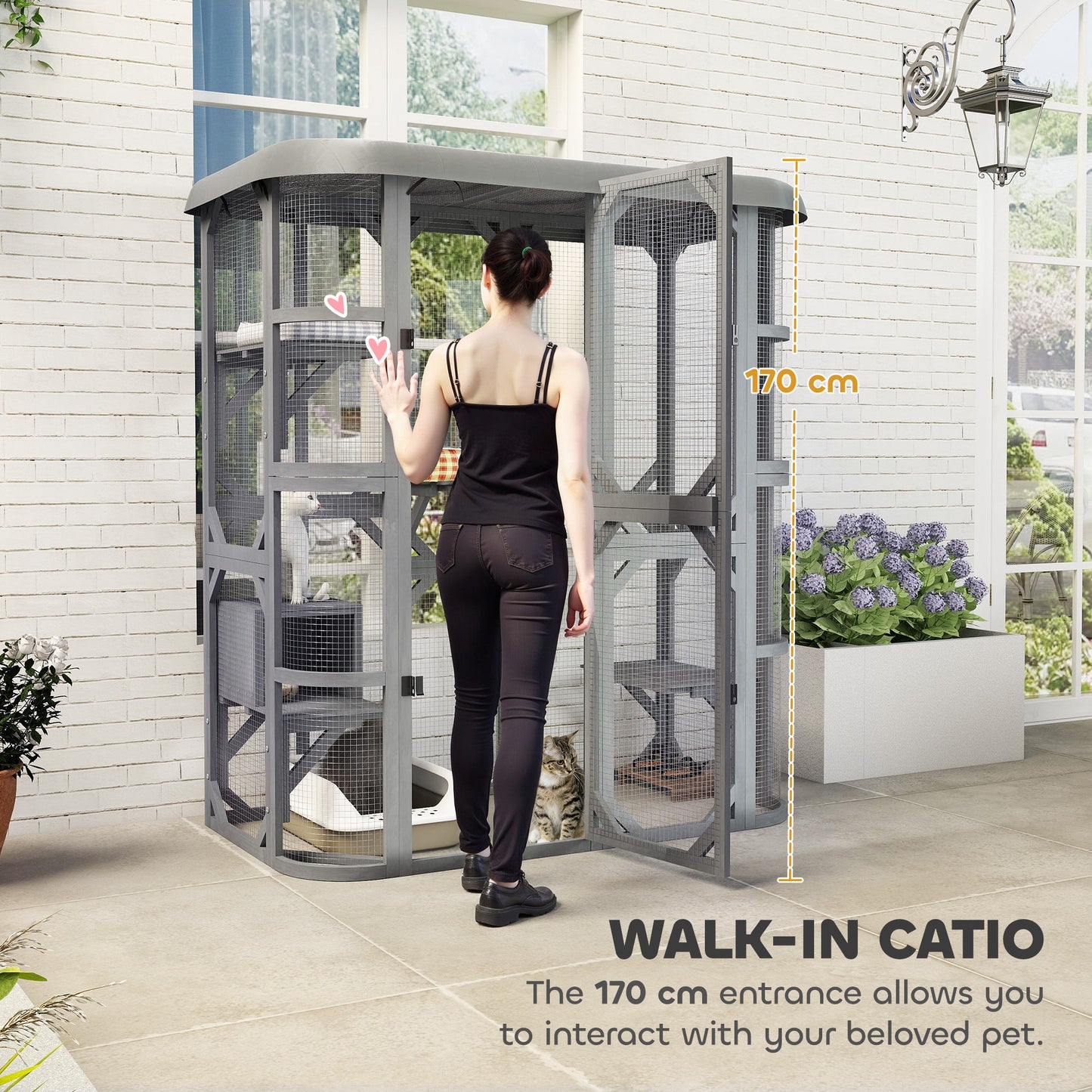 PawHut Catio Outdoor Cat Enclosure,  Wooden Cat House with Platforms, Condo and Waterproof Cover for 2â3 Kittens, Grey