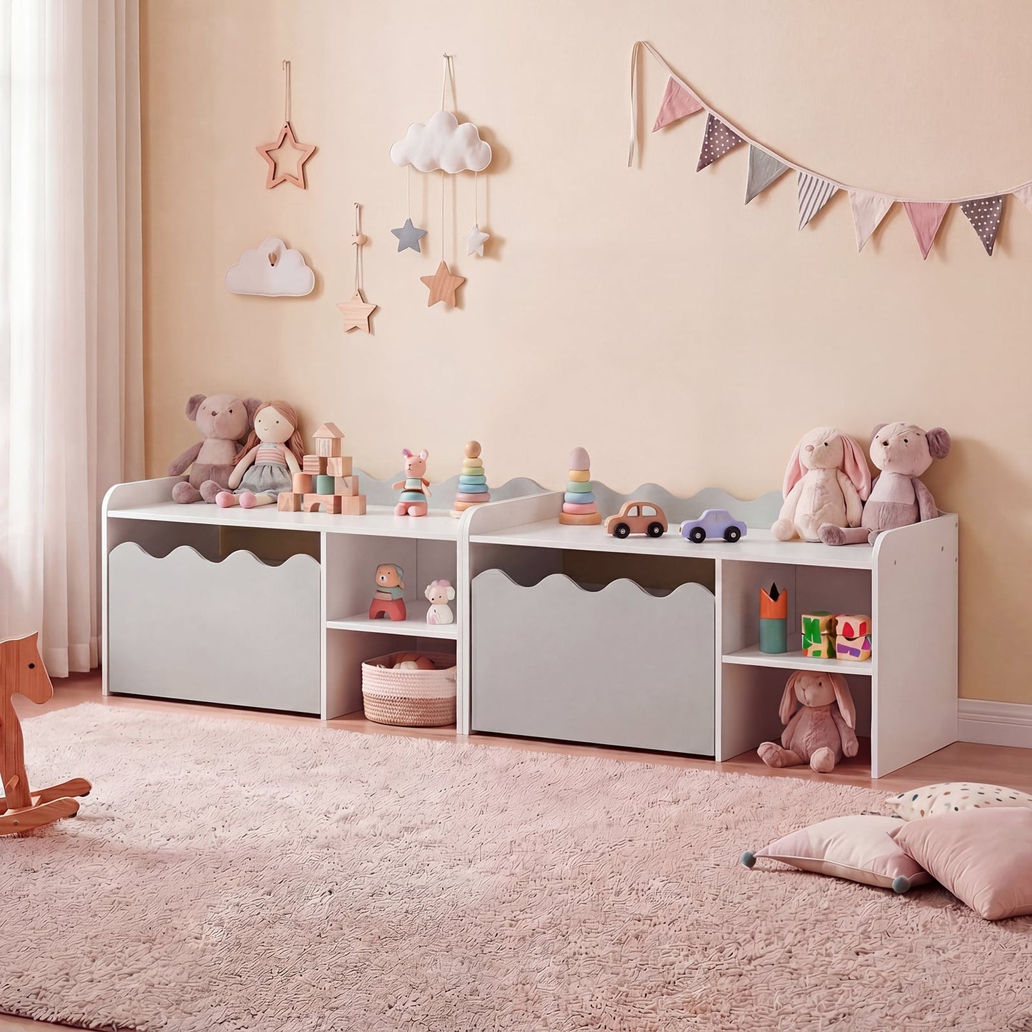 Scalloped Kids Bookshelf with Movable Drawer and Anti-Toppling Kit for Playroom-Grey