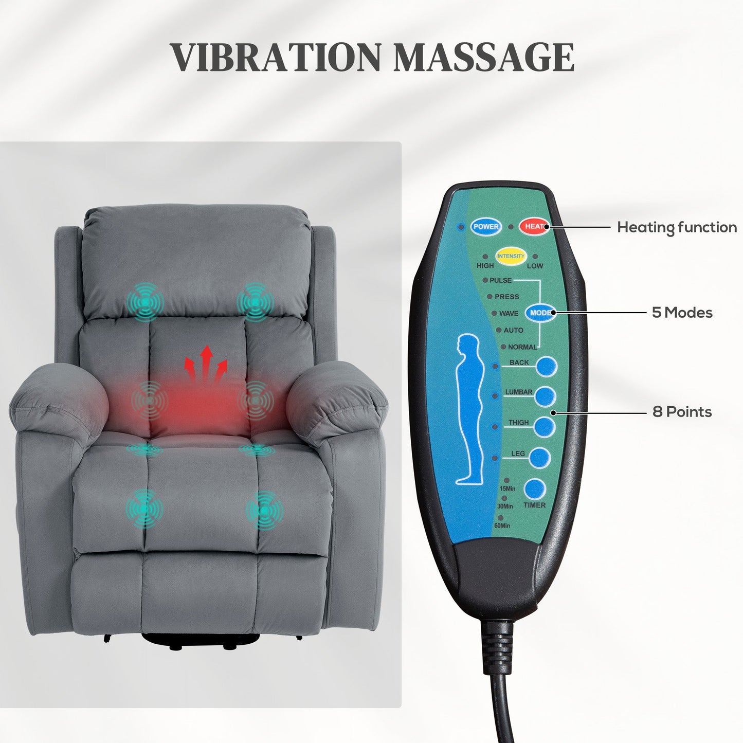 HOMCOM Eight-Point Massage Lift Chair, with Remote - Grey